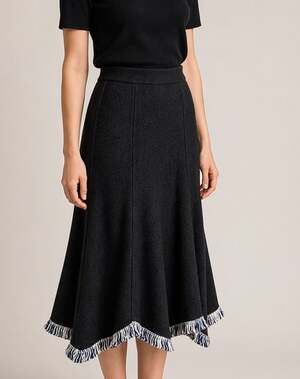 St. John Couture Black Textured Knit Midi Skirt White Navy Fringe Hem Size 8